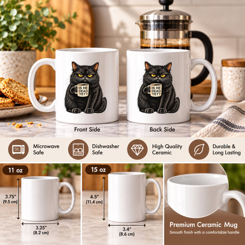 A white ceramic mug shown from front and back with a black cat illustration holding a sign that reads 'IS ME SO COOL'. The image includes size options labeled 11 oz and 15 oz, feature icons for microwave safe, dishwasher safe, high quality ceramic, and durable long lasting, and a close-up of the premium ceramic finish.