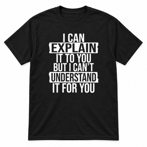 A black short-sleeve crewneck t-shirt with a white distressed text graphic on the front that reads 'I CAN EXPLAIN IT TO YOU BUT I CAN'T UNDERSTAND IT FOR YOU'.