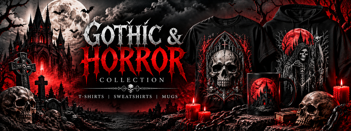 Promotional banner for a Gothic & Horror Collection featuring black t-shirts with skull and skeleton graphics, a mug, and a sweatshirt, set against a dark gothic landscape with a full moon, castle, and candles.