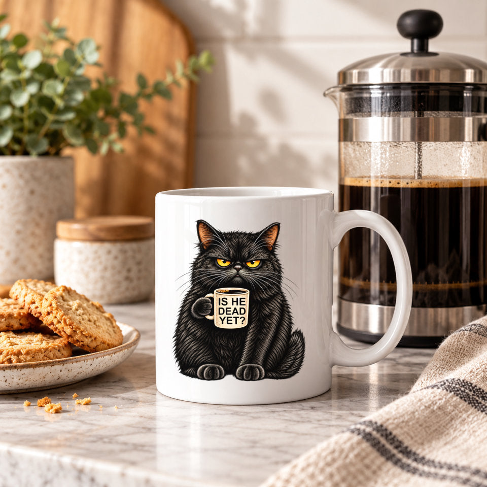A white ceramic mug with a black cat illustration holding a smaller mug that says 'IS HE DEAD YET?' in a cozy kitchen setting next to a coffee press, with cookies and a plant in the background.