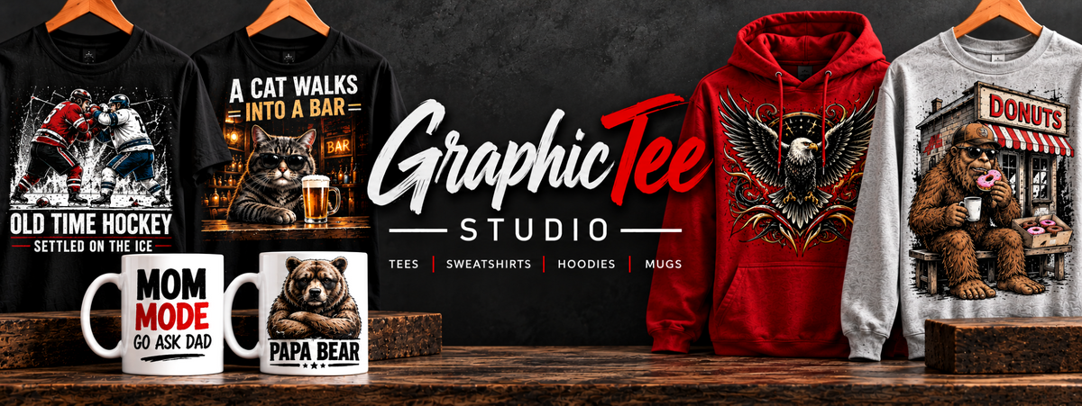 A promotional banner for 'GraphicTee Studio' showing multiple apparel and mug designs with humorous animal-themed graphics, including a black hockey graphic, a cat walking into a bar, a red hoodie with an eagle, a gray bear at a donut shop, and white mugs with text.