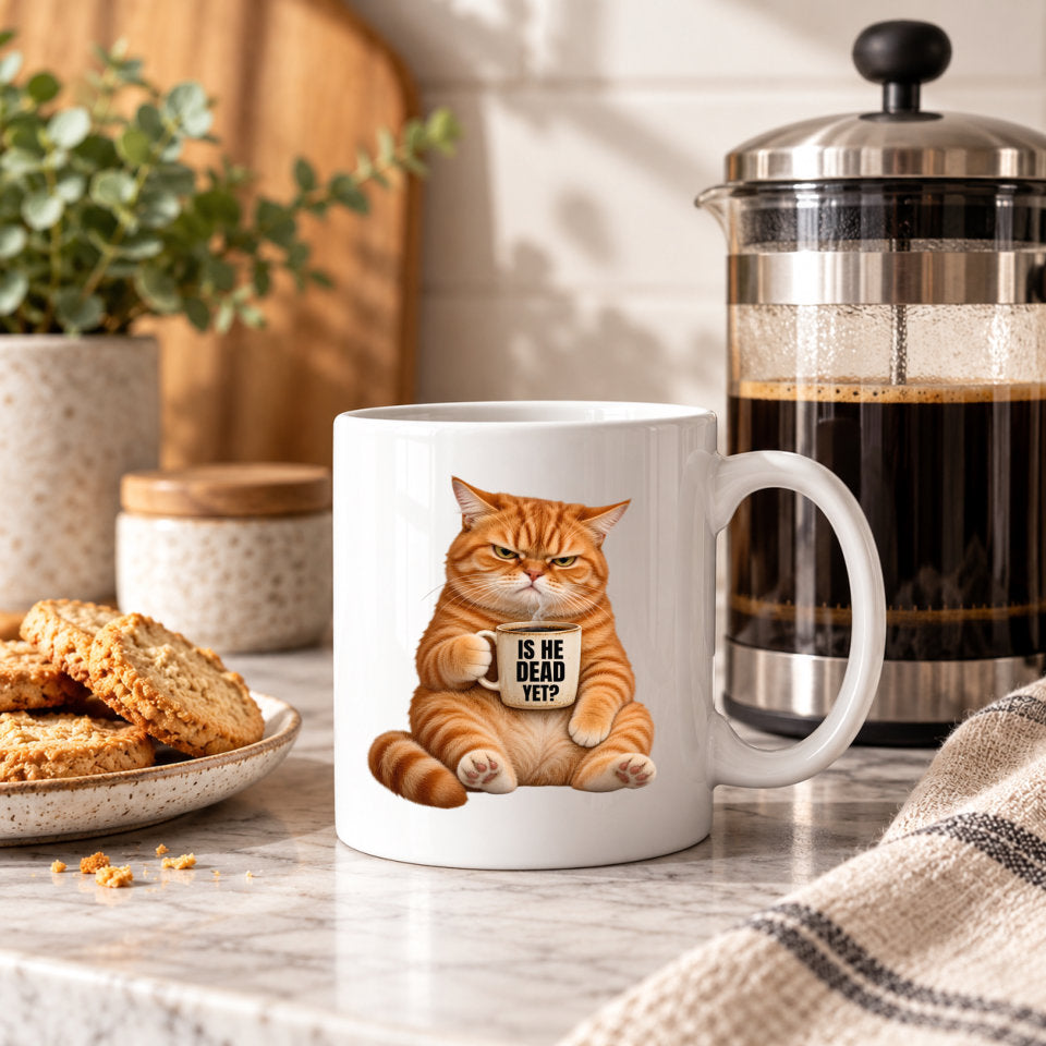 A white ceramic mug featuring a cartoon orange tabby cat holding a sign that reads 'IS HE READY YET?' sitting on a kitchen counter next to a coffee press, with cookies and a plant in the background.