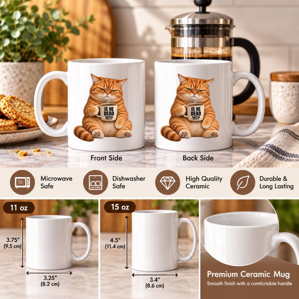 A white ceramic mug shown from front and back with an orange tabby cat illustration holding a sign that reads 'IS MY NAME 1197'. The image includes product feature icons for microwave safe, dishwasher safe, high quality ceramic, and durable long lasting, plus size options 11 oz and 15 oz and a close-up of the interior.
