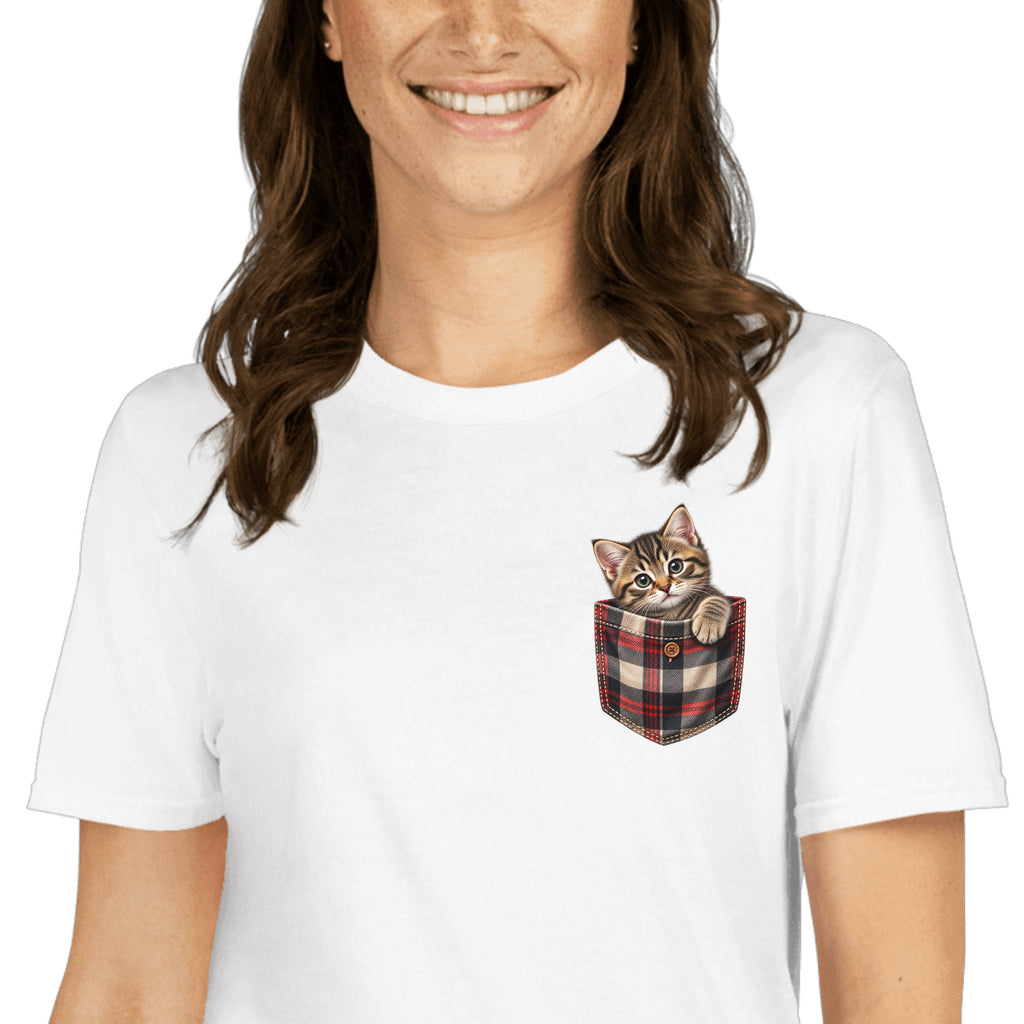 A woman wearing a white short-sleeve crewneck t-shirt with a graphic of a tabby kitten peeking out of a red, black, and blue plaid pocket on the left chest.