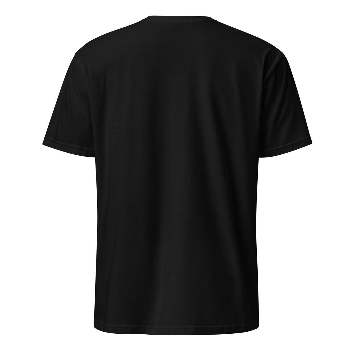 Black t-shirt with a pink and blue logo on the back against a white background