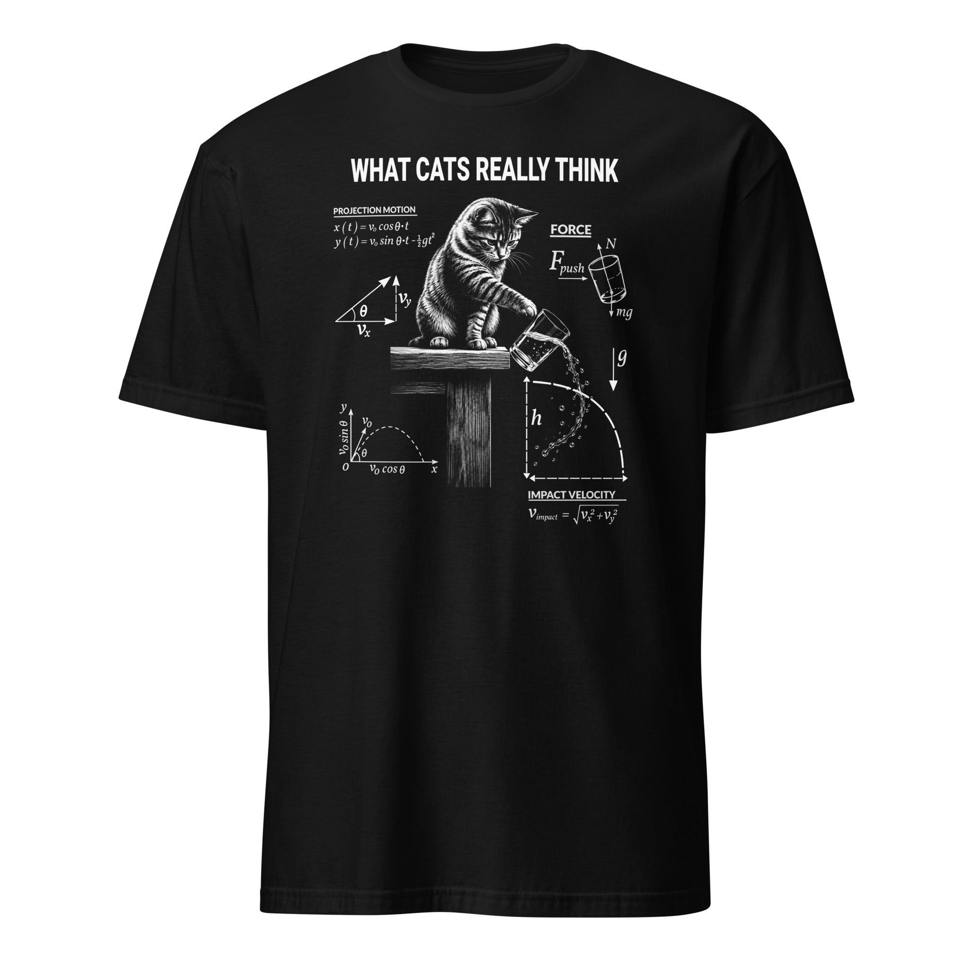Black What Cats Really Think graphic t-shirt with cat pushing glass off table and physics equations