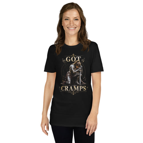 Woman wearing a black tee with a funny graphic, lady knight “Got Cramps” period humor design