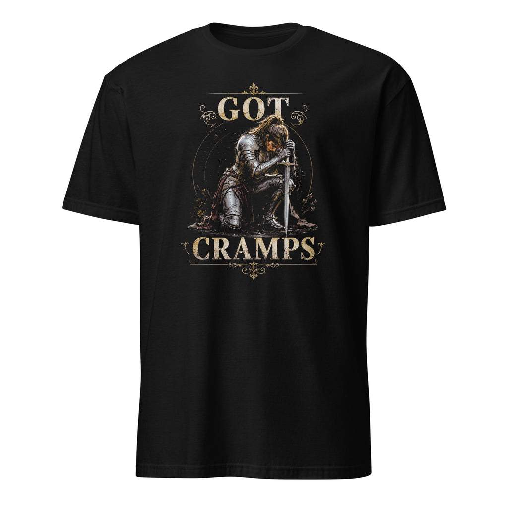 Funny women’s T shirt with lady knight “Got Cramps” period humor design