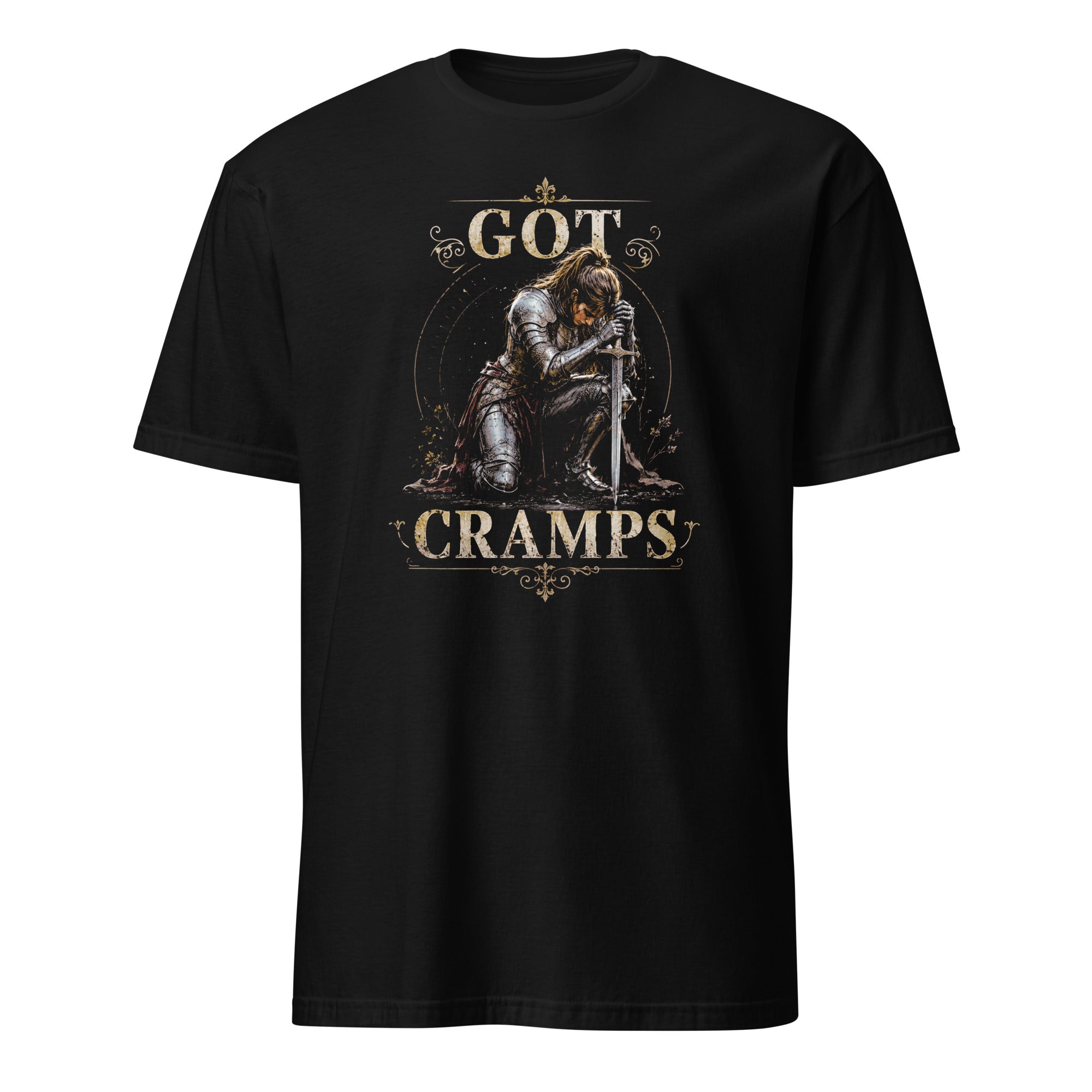 Funny women’s T shirt with lady knight “Got Cramps” period humor design