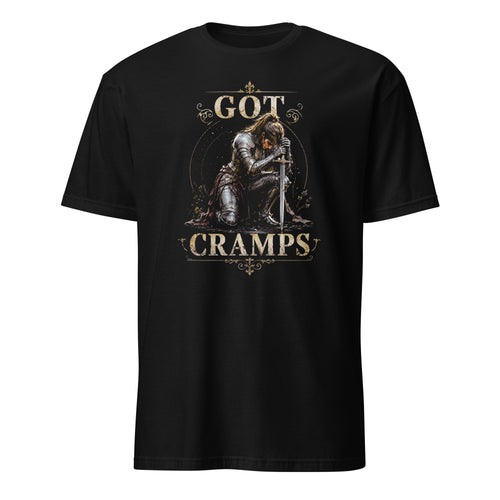 Funny women’s T shirt with lady knight “Got Cramps” period humor design