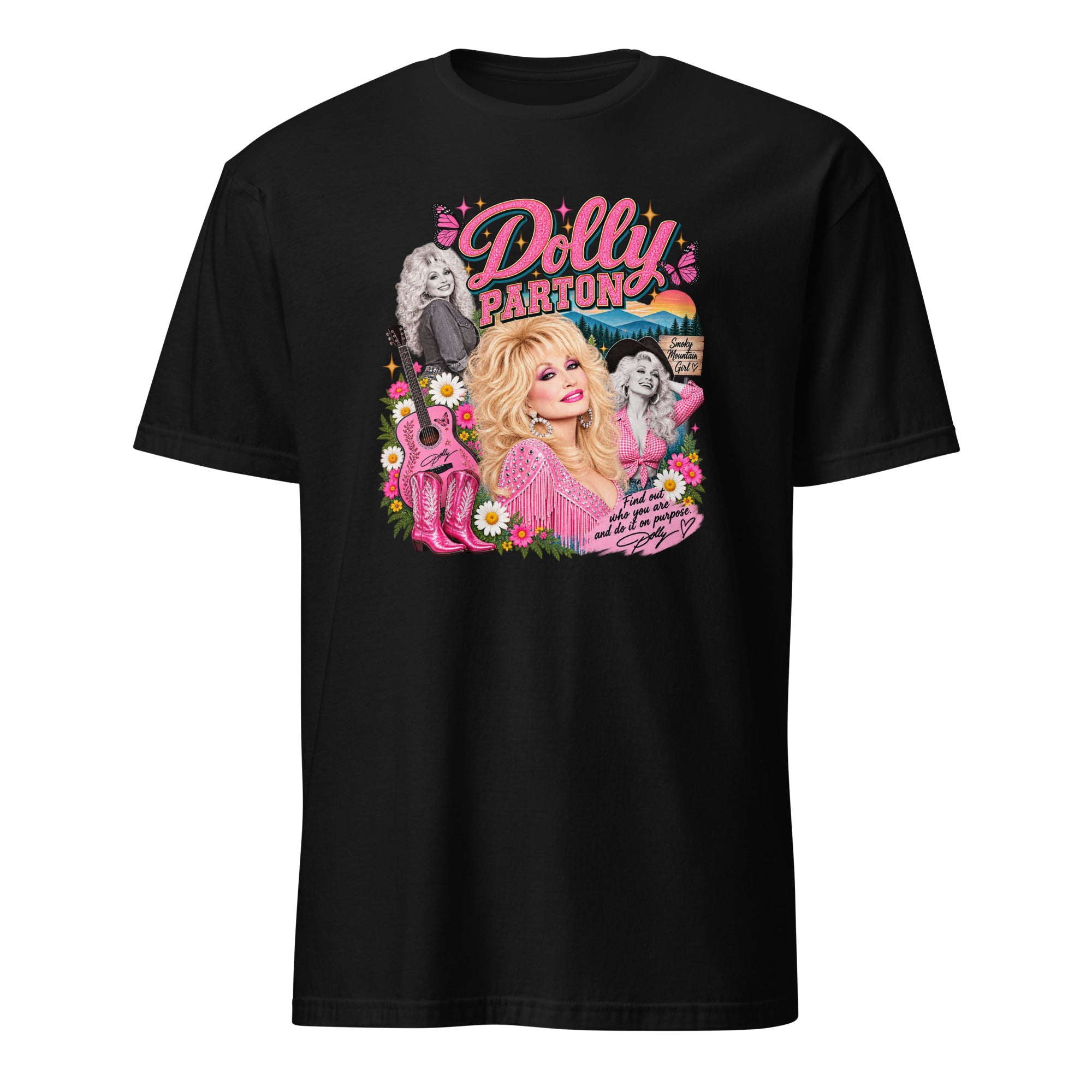 A black short-sleeve crewneck t-shirt featuring a colorful graphic print of Dolly Parton on the front, set against a plain white background.