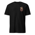 A black crewneck t-shirt featuring a small graphic of a tabby kitten peeking out of a red, black, and white plaid pocket on the left chest, displayed on a clean white background.