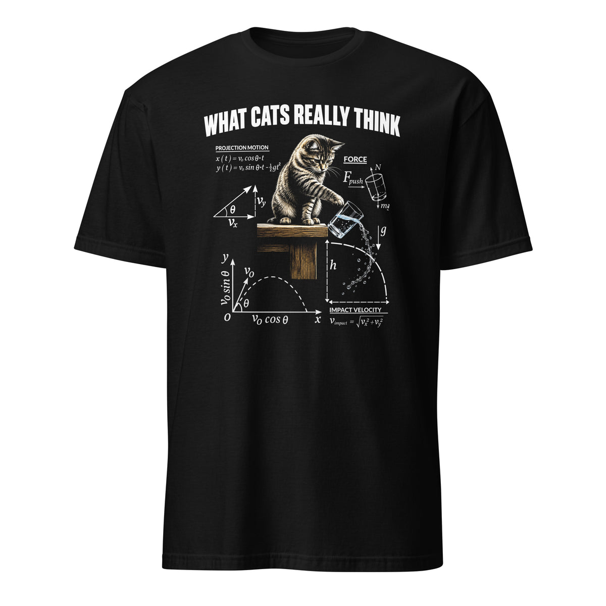 A black t-shirt featuring a white graphic print titled 'WHAT CATS REALLY THINK' with a cat sitting on a table and physics equations.