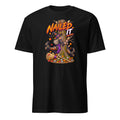 A black short-sleeve crewneck t-shirt featuring a colorful graphic of a witch with a broomstick and the text 'Nailed It' in orange and yellow, displayed on a clean white background.