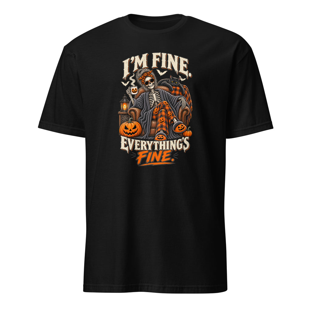 A black short-sleeve t-shirt with a Halloween-themed graphic on the chest. The graphic features a skeleton in a plaid jacket surrounded by pumpkins, with the text 'I'M FINE.