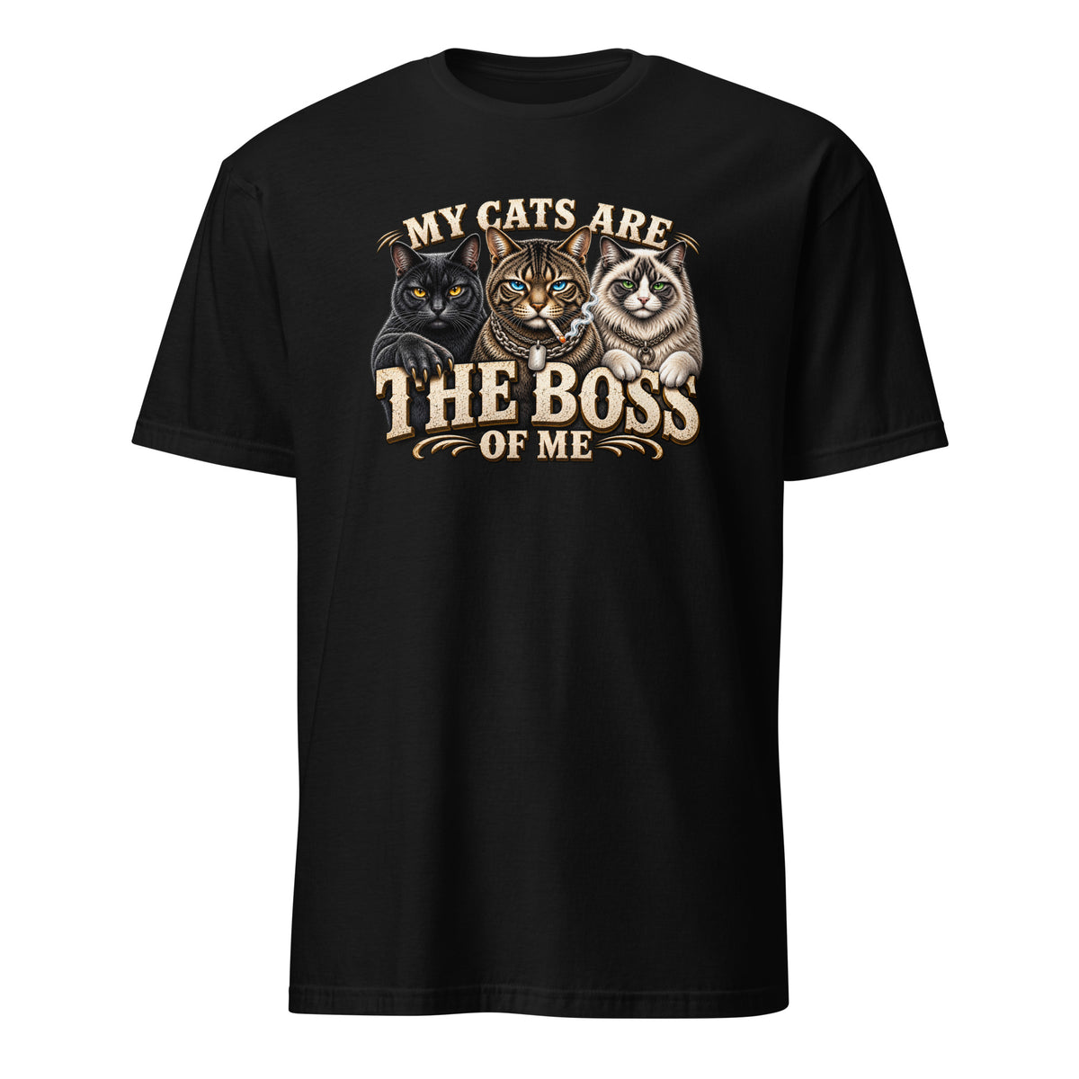 A black short-sleeve crewneck t-shirt featuring a graphic print of three cats and the text 'MY CATS ARE THE BOSS OF ME' in a distressed beige font, shown against a plain white background.