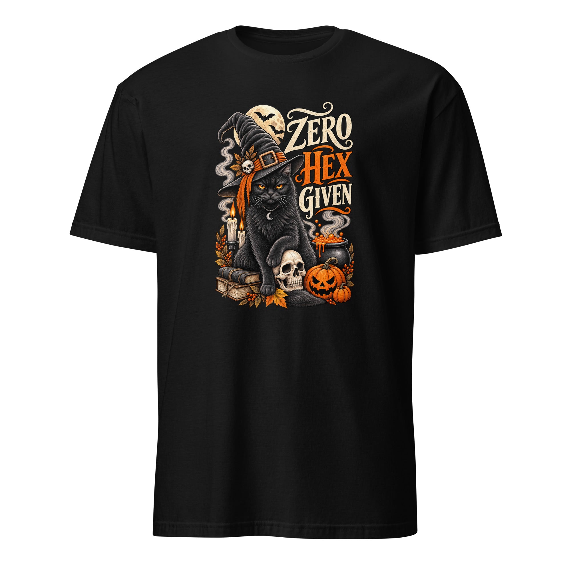 A black short-sleeve crewneck t-shirt featuring a Halloween-themed graphic print on the front. The graphic depicts a black cat wearing a witch's hat, surrounded by skulls, pumpkins, and the text 'ZERO HEX GIVEN' in stylized white and orange lettering.