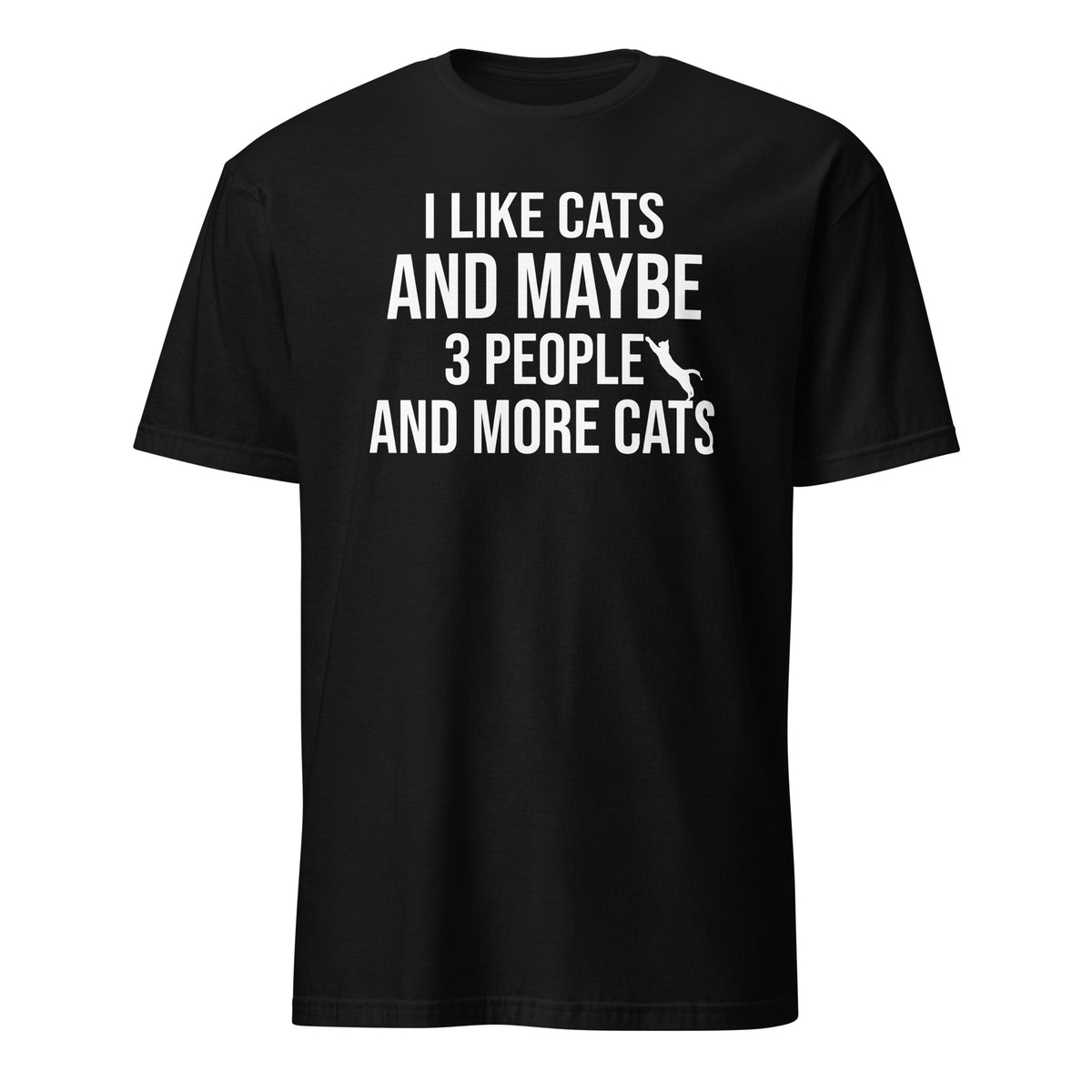 Black T-shirt with white “I Like Cats and Maybe 3 People and More Cats” graphic design.