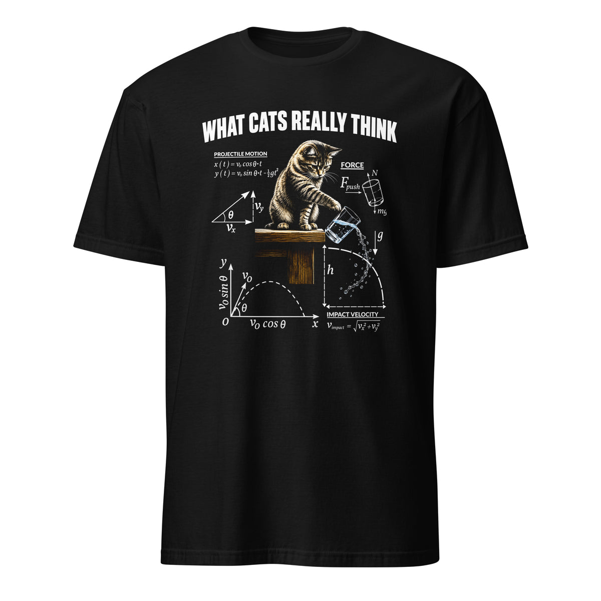 Black Short Sleeve T-Shirt With Graphic Of A Kitten Knocking A Glass Of Water With math equations and text What Cats Really Think.