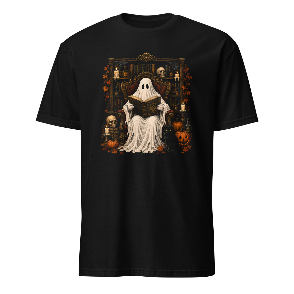 A black short-sleeve crewneck t-shirt featuring a detailed graphic print of a ghostly figure in a white sheet sitting on a throne and reading a book, surrounded by Halloween decorations like pumpkins, skulls, and candles.
