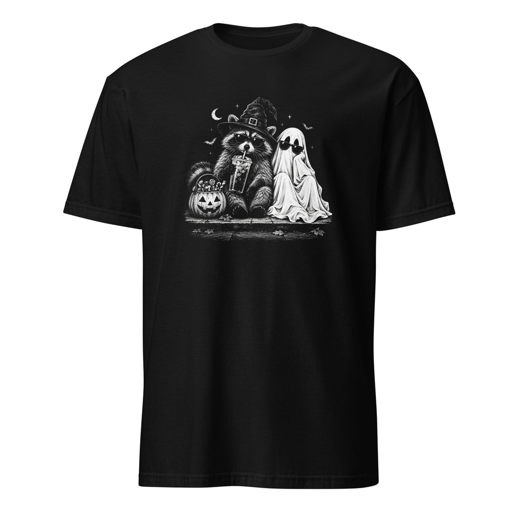 A black short-sleeve crewneck t-shirt featuring a white graphic print of a raccoon dressed as a witch, a jack-o'-lantern, and a ghost on a plain white background.