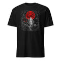 A black short-sleeve crewneck t-shirt featuring a gothic graphic print on the front with a red full moon, a white ghost, and a dark haunted house.