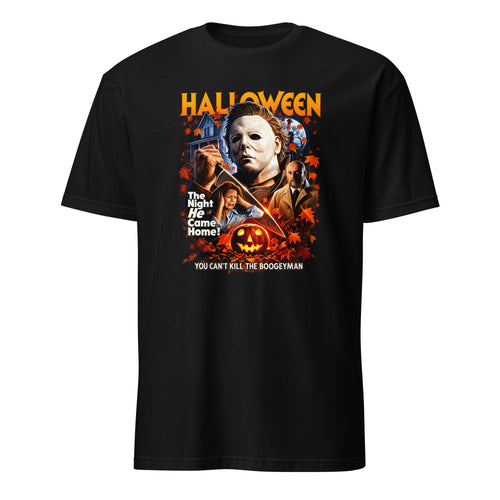 A black short-sleeve graphic t-shirt featuring a Michael Myers print from the movie Halloween. The graphic includes orange 'HALLOWEEN' text, a portrait of Michael Myers holding a knife, a jack-o'-lantern, and the quote 'YOU CAN'T KILL THE BOOGETMAN'.