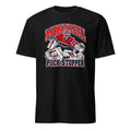 Montreal hockey goalie graphic black t-shirt featuring a puck stopper making a save in red, white and blue hockey gear, vintage ice hockey fan apparel.