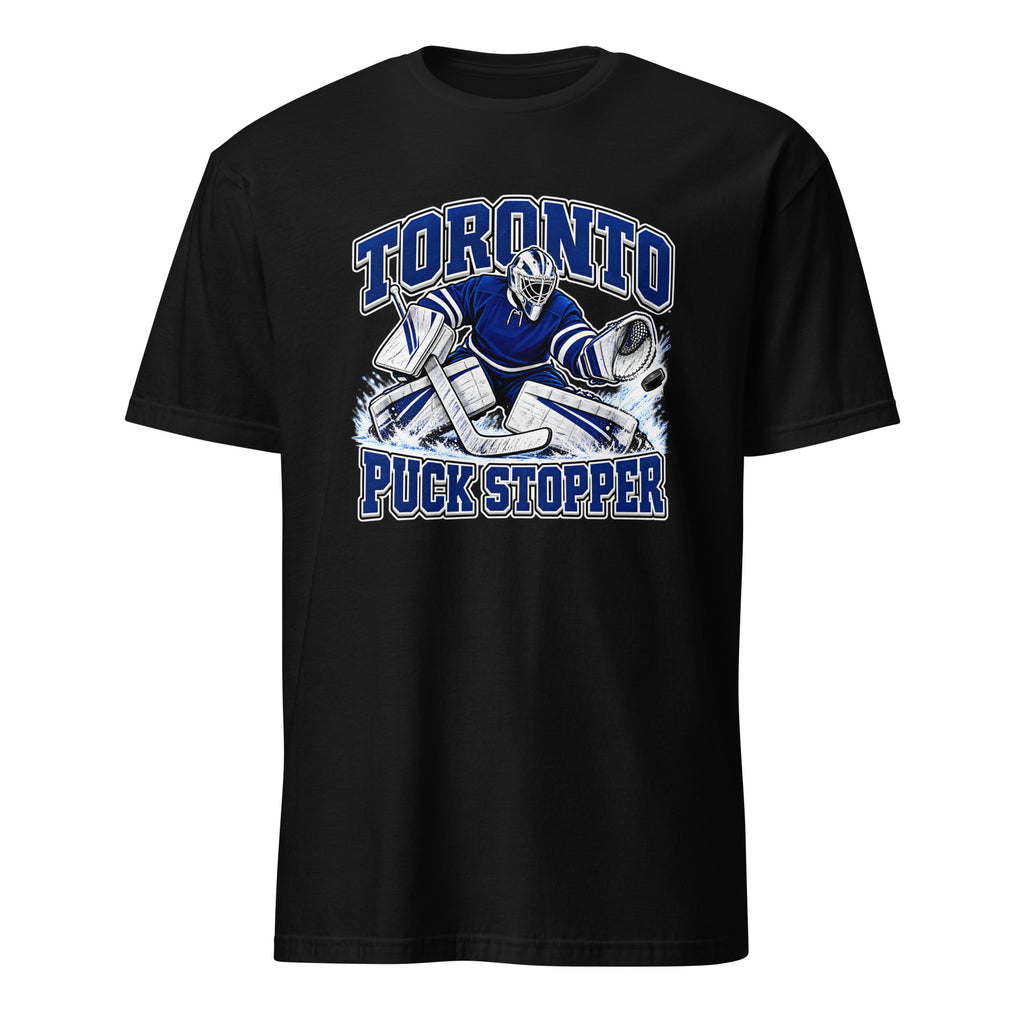 Toronto hockey goalie graphic T-shirt in black featuring a blue and white goalie making a save, with bold Toronto and Puck Stopper lettering.