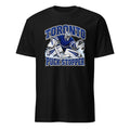 Toronto hockey goalie graphic T-shirt in black featuring a blue and white goalie making a save, with bold Toronto and Puck Stopper lettering.