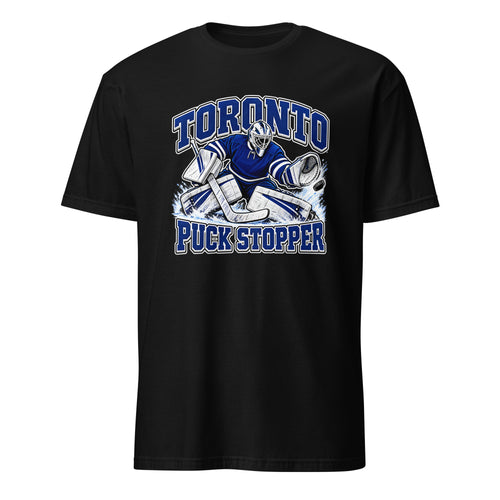 Toronto hockey goalie graphic T-shirt in black featuring a blue and white goalie making a save, with bold Toronto and Puck Stopper lettering.
