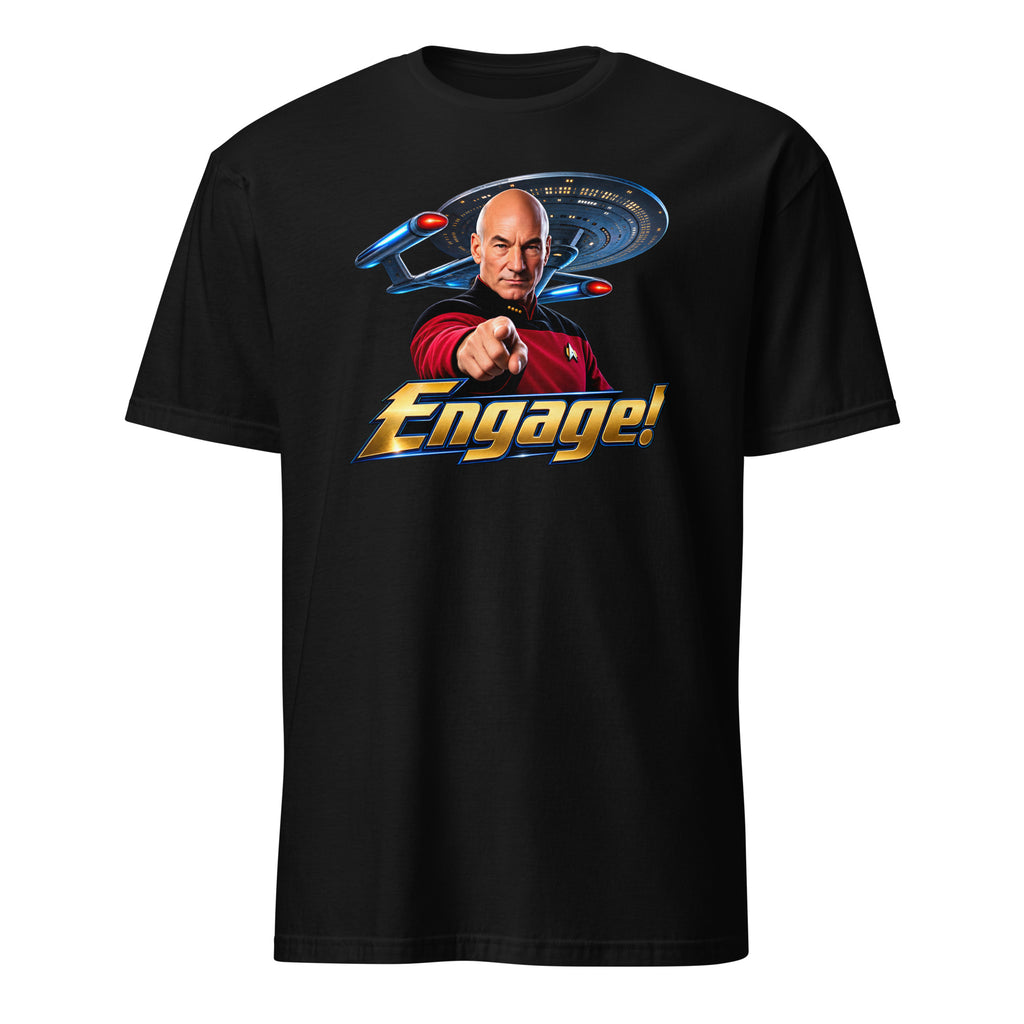 A black short-sleeve crewneck t-shirt featuring a graphic print of Captain Jean-Luc Picard pointing forward with the word 'Engage!' in a gold and blue font, and a blue Star Trek ship in the background.