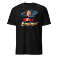 A black short-sleeve crewneck t-shirt featuring a graphic print of Captain Jean-Luc Picard pointing forward with the word 'Engage!' in a gold and blue font, and a blue Star Trek ship in the background.