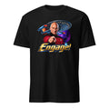 A black short-sleeve crewneck t-shirt featuring a colorful graphic print of Captain Picard from Star Trek pointing forward, with a Starship Enterprise and the word 'Engage!' printed below.
