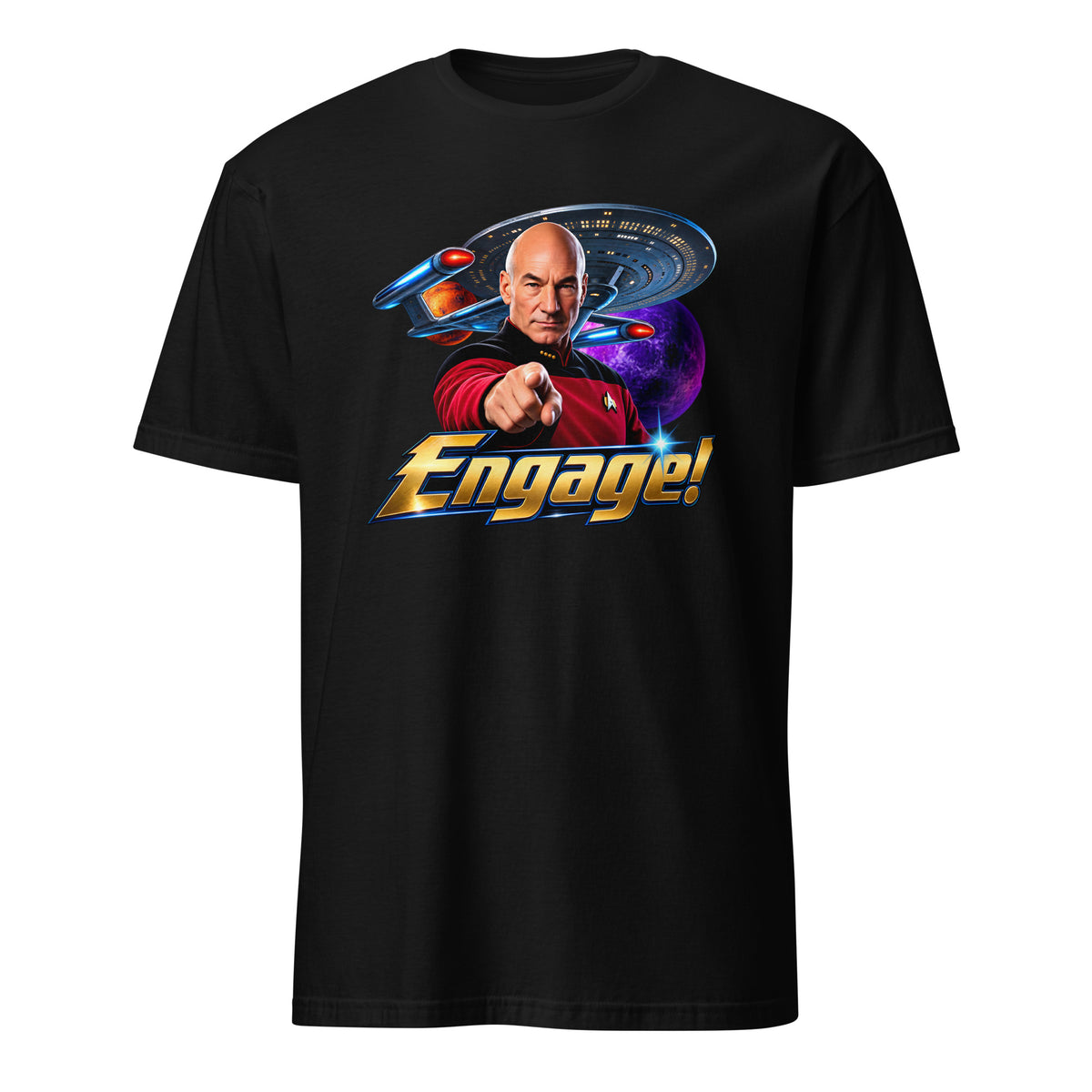 A black short-sleeve crewneck t-shirt featuring a colorful graphic print of Captain Picard from Star Trek pointing forward, with a Starship Enterprise and the word 'Engage!' printed below.
