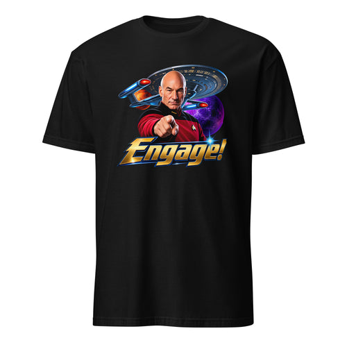 A black short-sleeve crewneck t-shirt featuring a colorful graphic print of Captain Picard from Star Trek pointing forward, with a Starship Enterprise and the word 'Engage!' printed below.