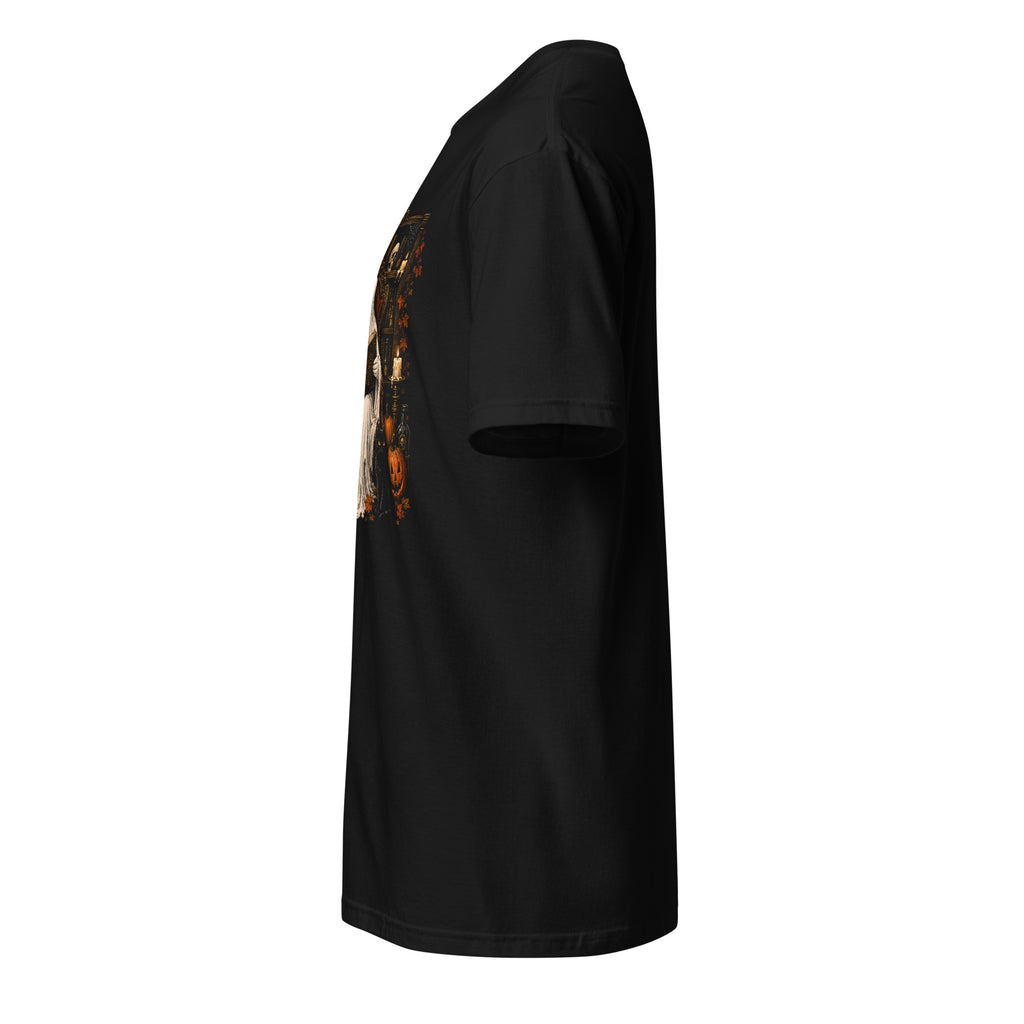 Black t-shirt with a small graphic on the sleeve against a white background