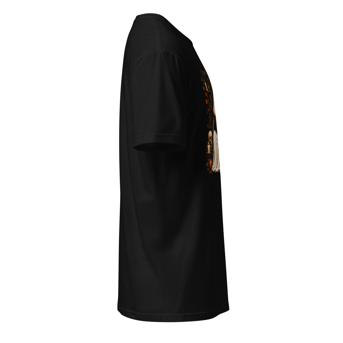 Black t-shirt with a gold logo on a white background