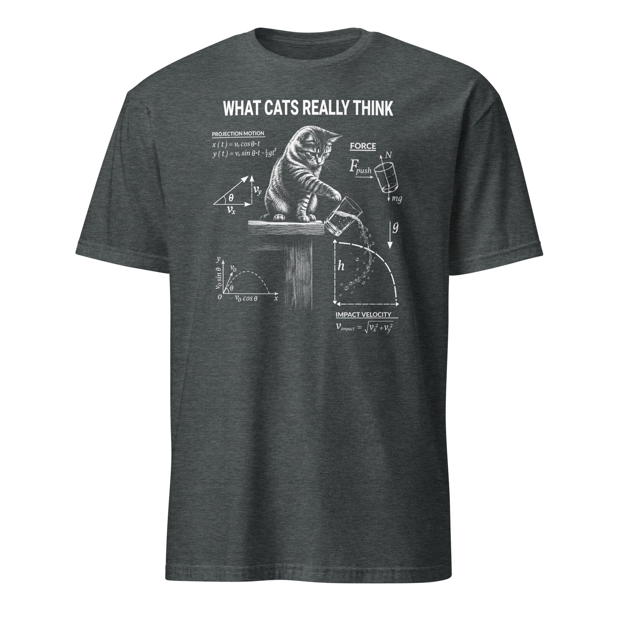 Dark Heather What Cats Really Think graphic t-shirt with cat pushing glass off table and physics equations