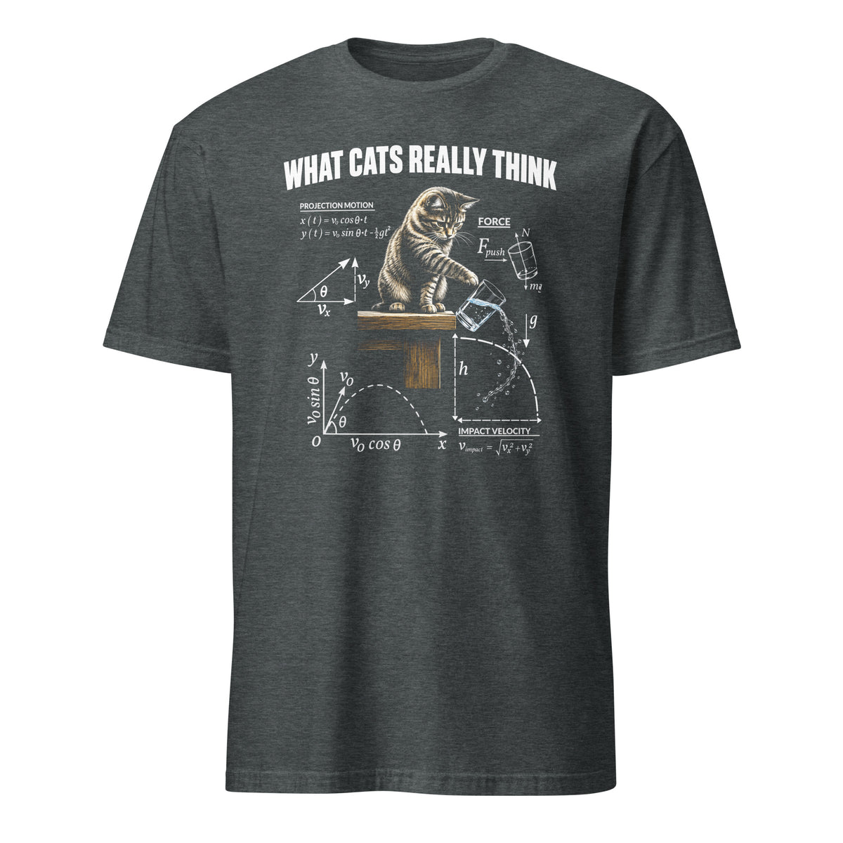 A dark heather gray t-shirt featuring a white graphic print titled 'WHAT CATS REALLY THINK' with a cat sitting on a table and physics equations.