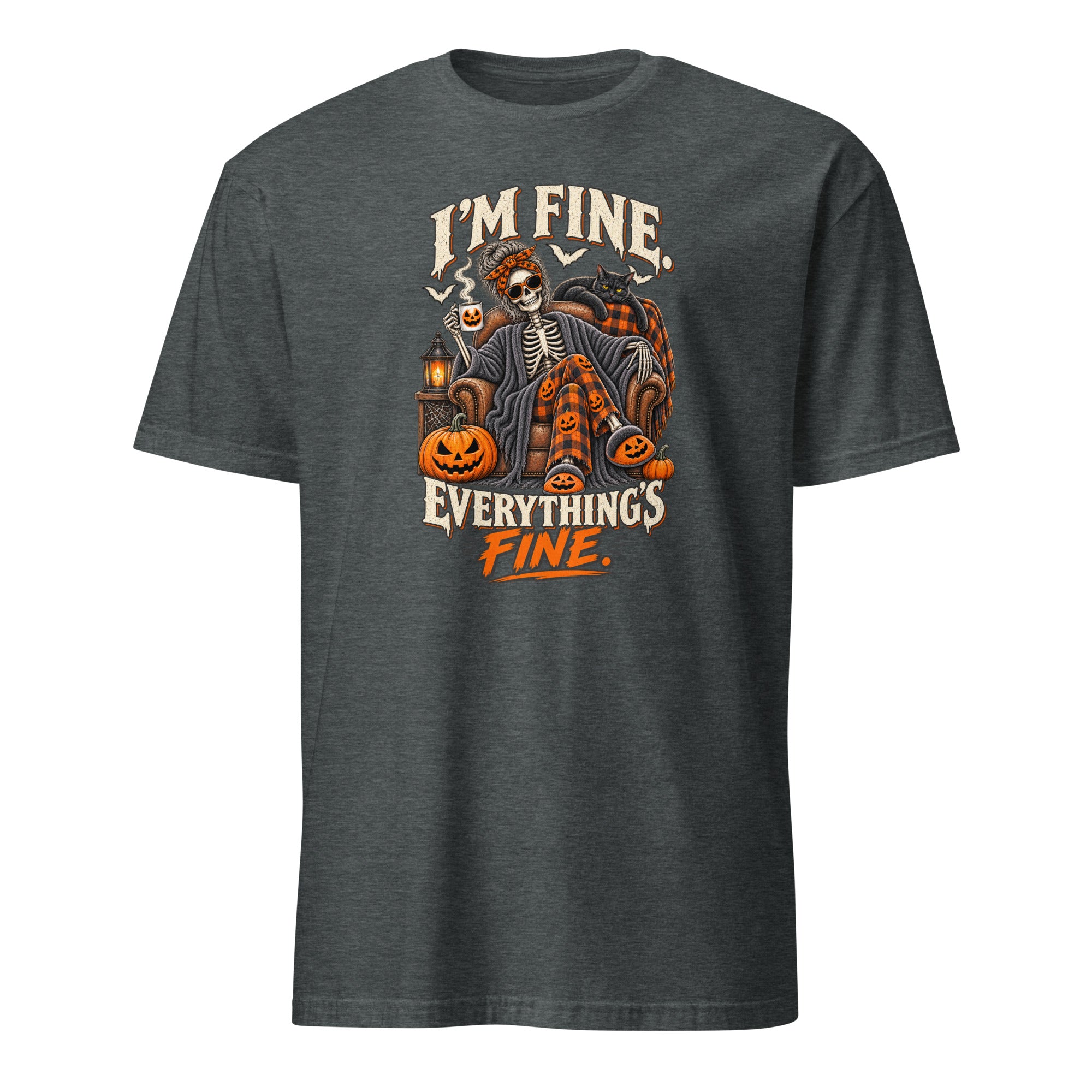 A dark heather gray short-sleeve t-shirt with a Halloween-themed graphic on the chest. The graphic features a skeleton in a plaid jacket surrounded by pumpkins, with the text 'I'M FINE.
