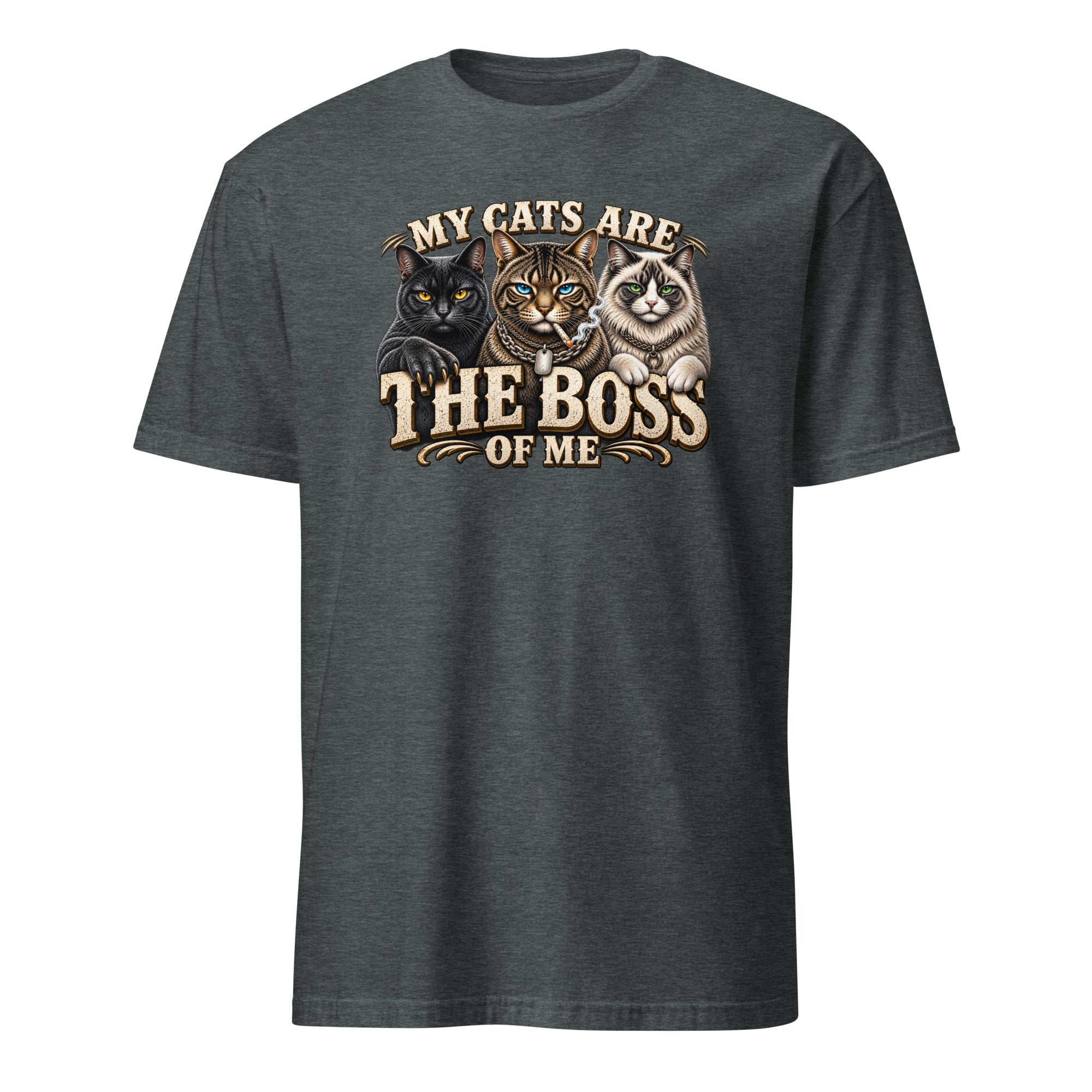 A dark heather gray crewneck t-shirt featuring a graphic print of three cats (one black, one orange tabby, and one white) with the text 'MY CATS ARE THE BOSS OF ME' in a distressed cream font.