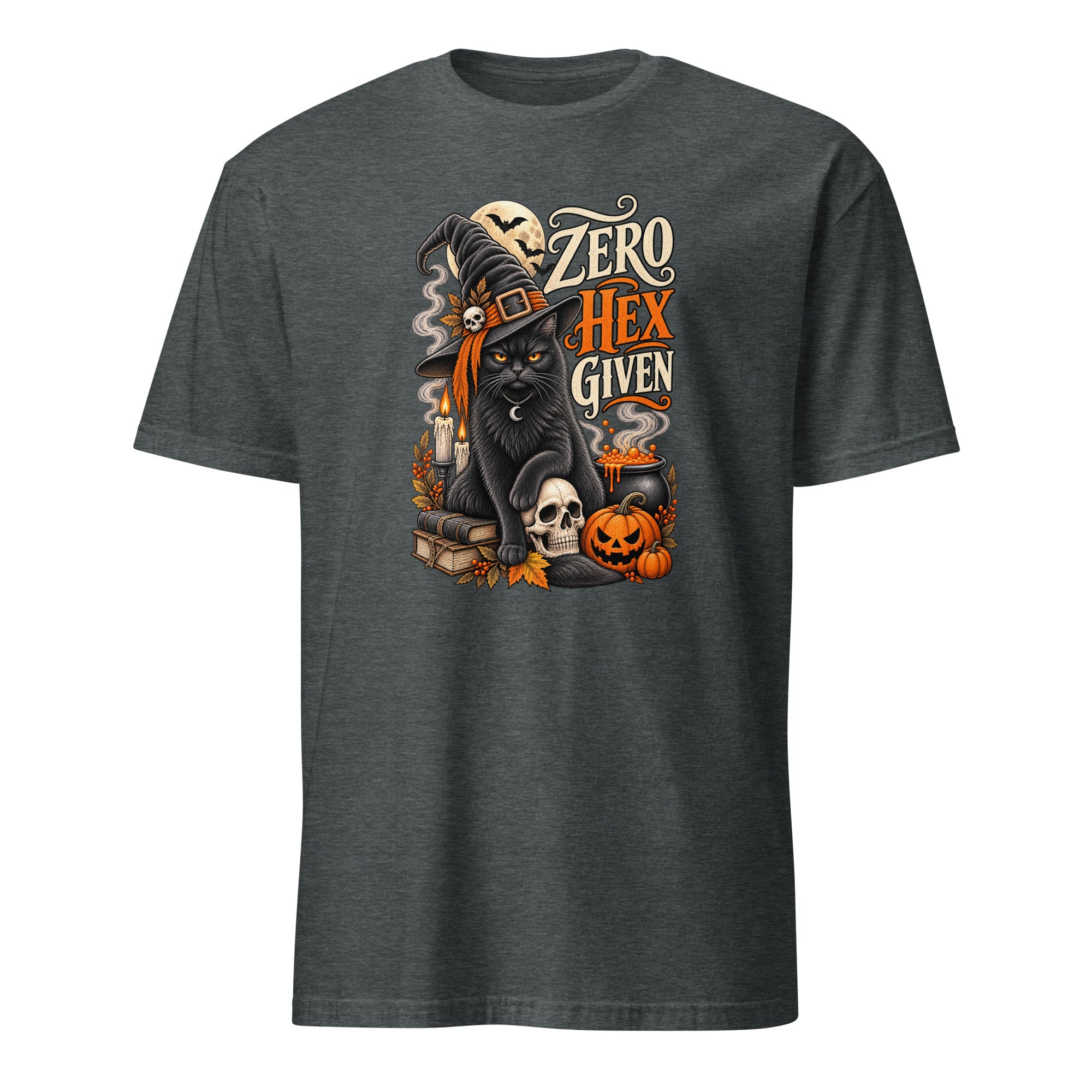 A dark heather gray t-shirt featuring a Halloween graphic of a black cat in a witch hat with the text 'ZERO HEX GIVEN' and spooky illustrations.
