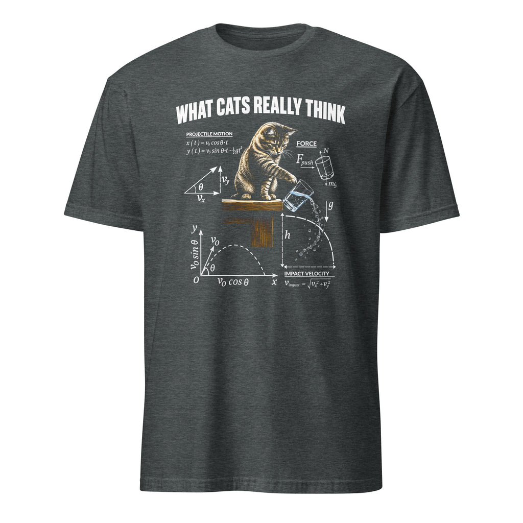 Dark Heather Short Sleeve T-Shirt With Graphic Of A Kitten Knocking A Glass Of Water With math equations and text What Cats Really Think.