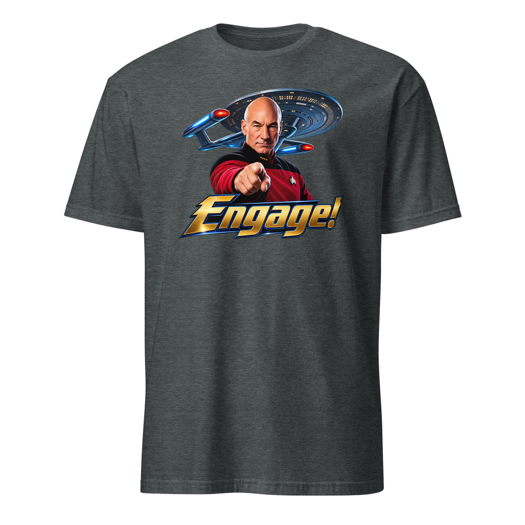 A dark heather gray crewneck t-shirt featuring a graphic print of Captain Jean-Luc Picard pointing forward with the word 'Engage!' and a Star Trek Starship Enterprise in the background.