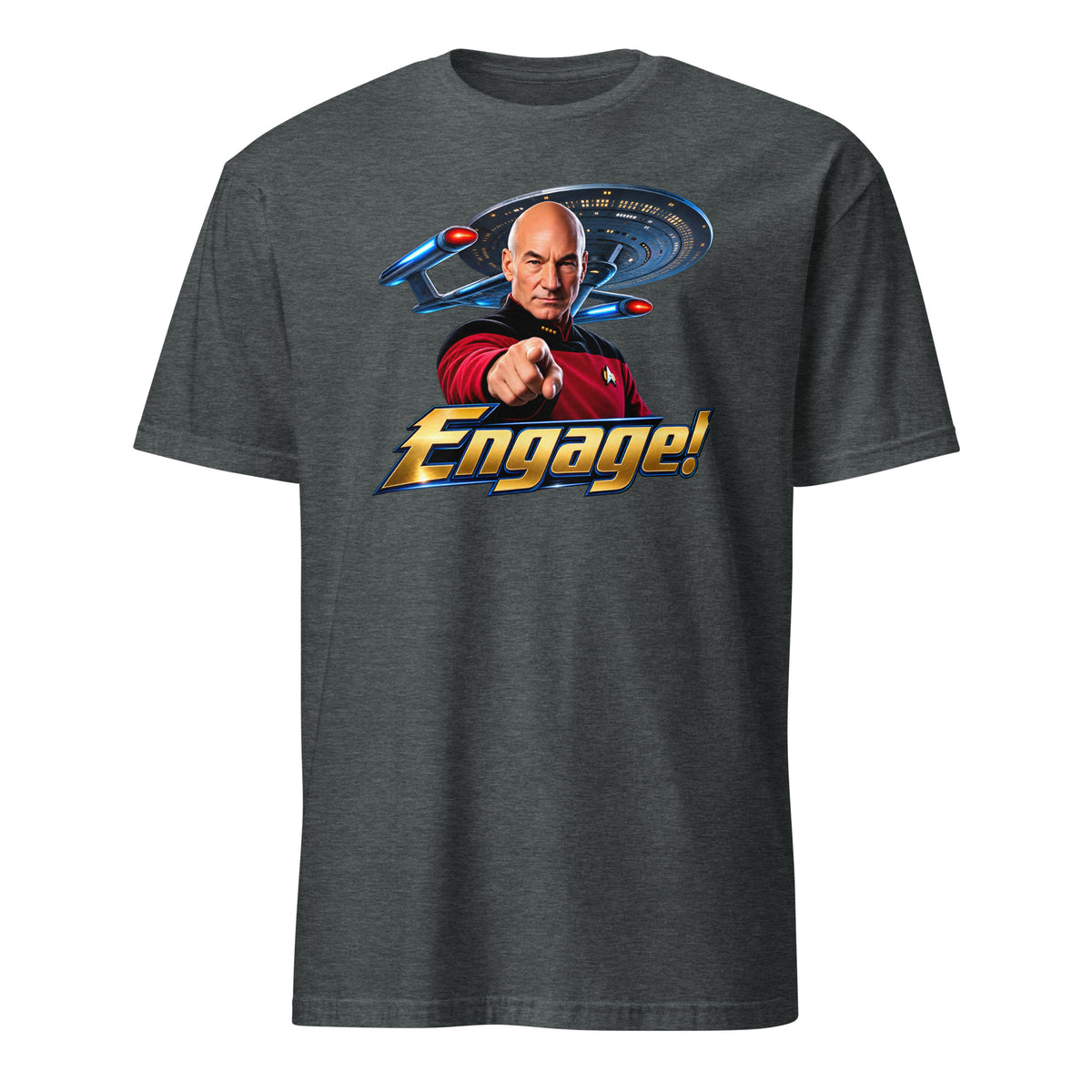 A dark heather gray crewneck t-shirt featuring a graphic print of Captain Jean-Luc Picard pointing forward with the word 'Engage!' and a Star Trek Starship Enterprise in the background.