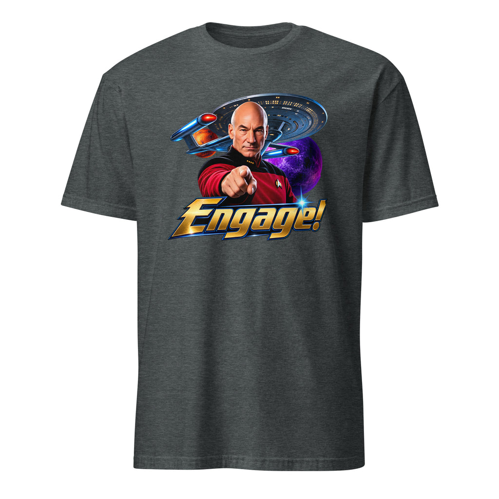 A dark heather gray crewneck t-shirt featuring a graphic print of Captain Jean-Luc Picard from Star Trek with the word 'Engage!' in gold and blue text, set against a plain white background.
