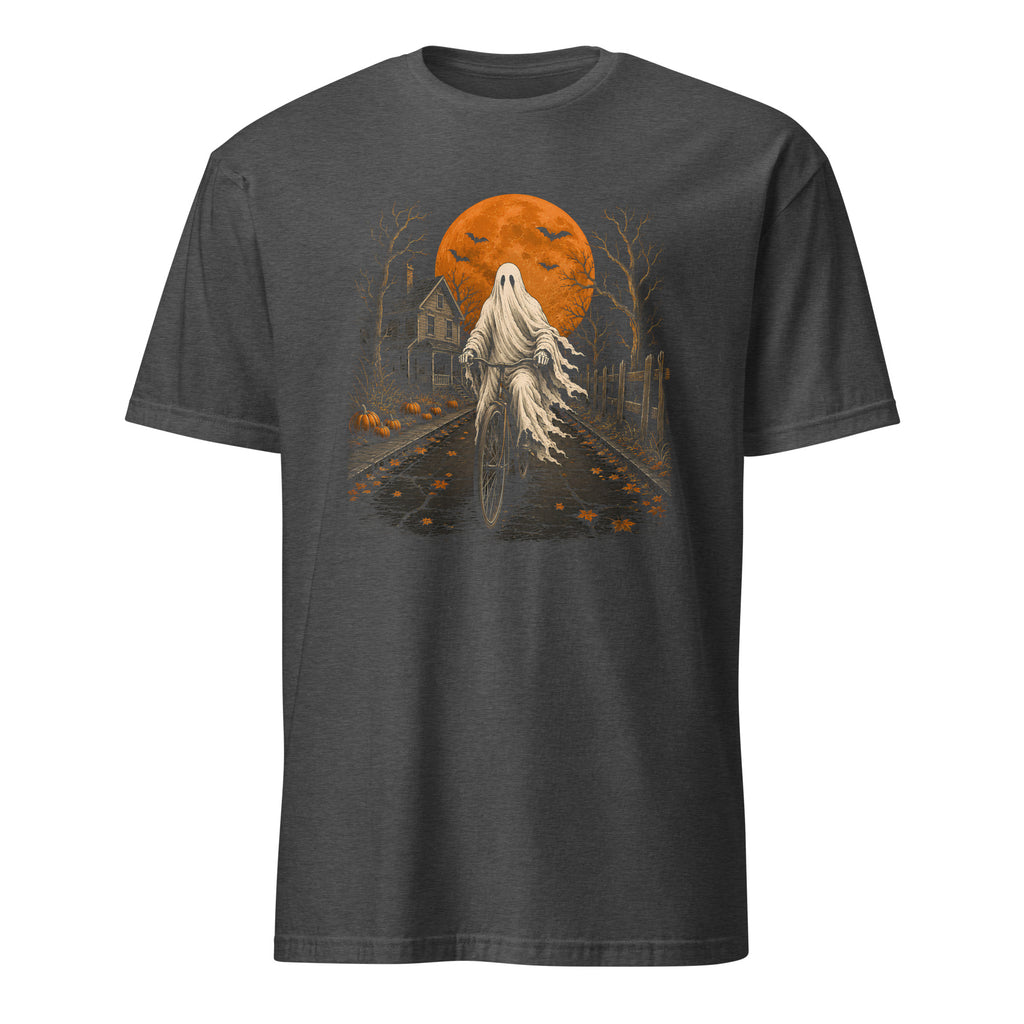 A dark heater short-sleeve crewneck t-shirt featuring a Halloween-themed graphic print of a ghost riding a bicycle on a railroad track toward a haunted house under a large orange full moon.