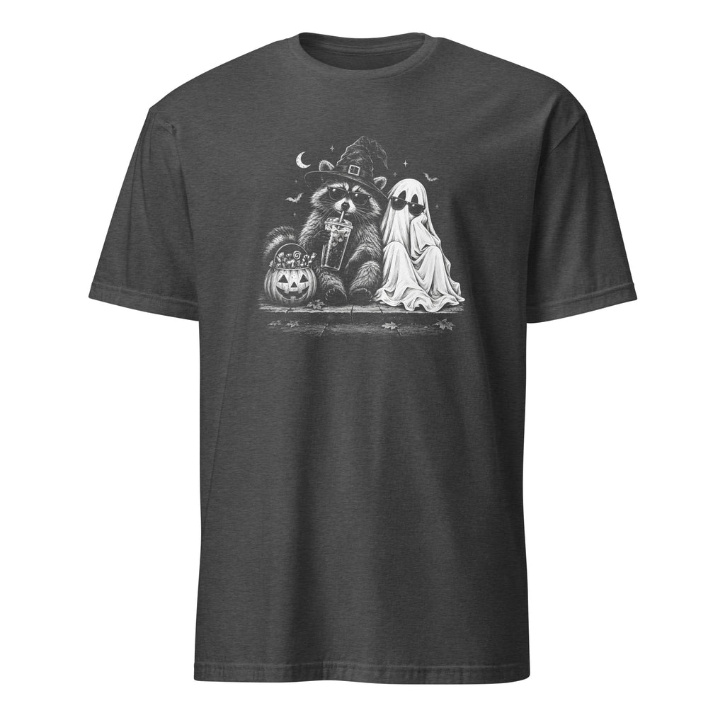 A dark charcoal gray short-sleeve crewneck t-shirt featuring a black and white graphic print of a raccoon in a witch hat next to a ghost, with a jack-o'-lantern and bats.
