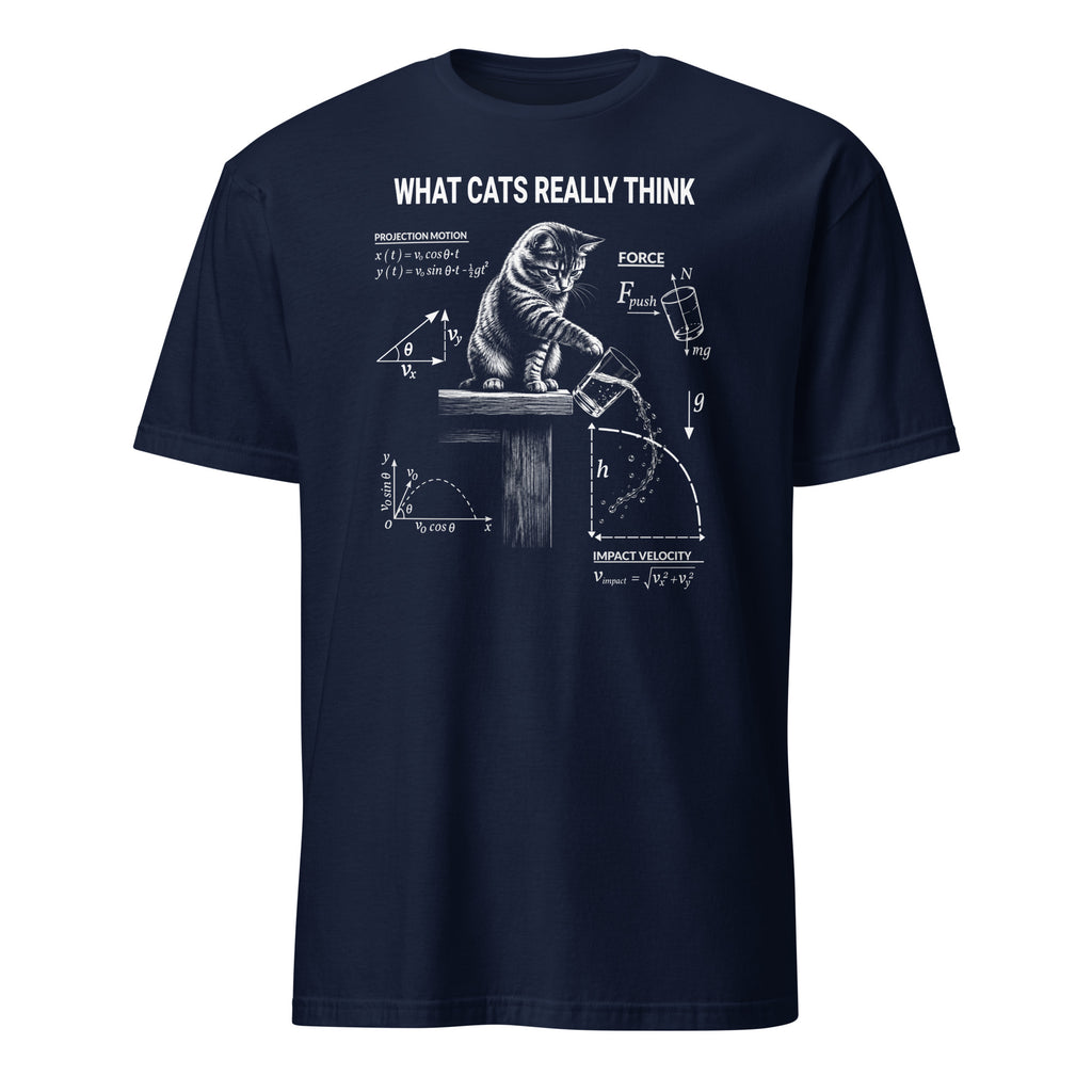 Navy What Cats Really Think graphic t-shirt with cat pushing glass off table and physics equations